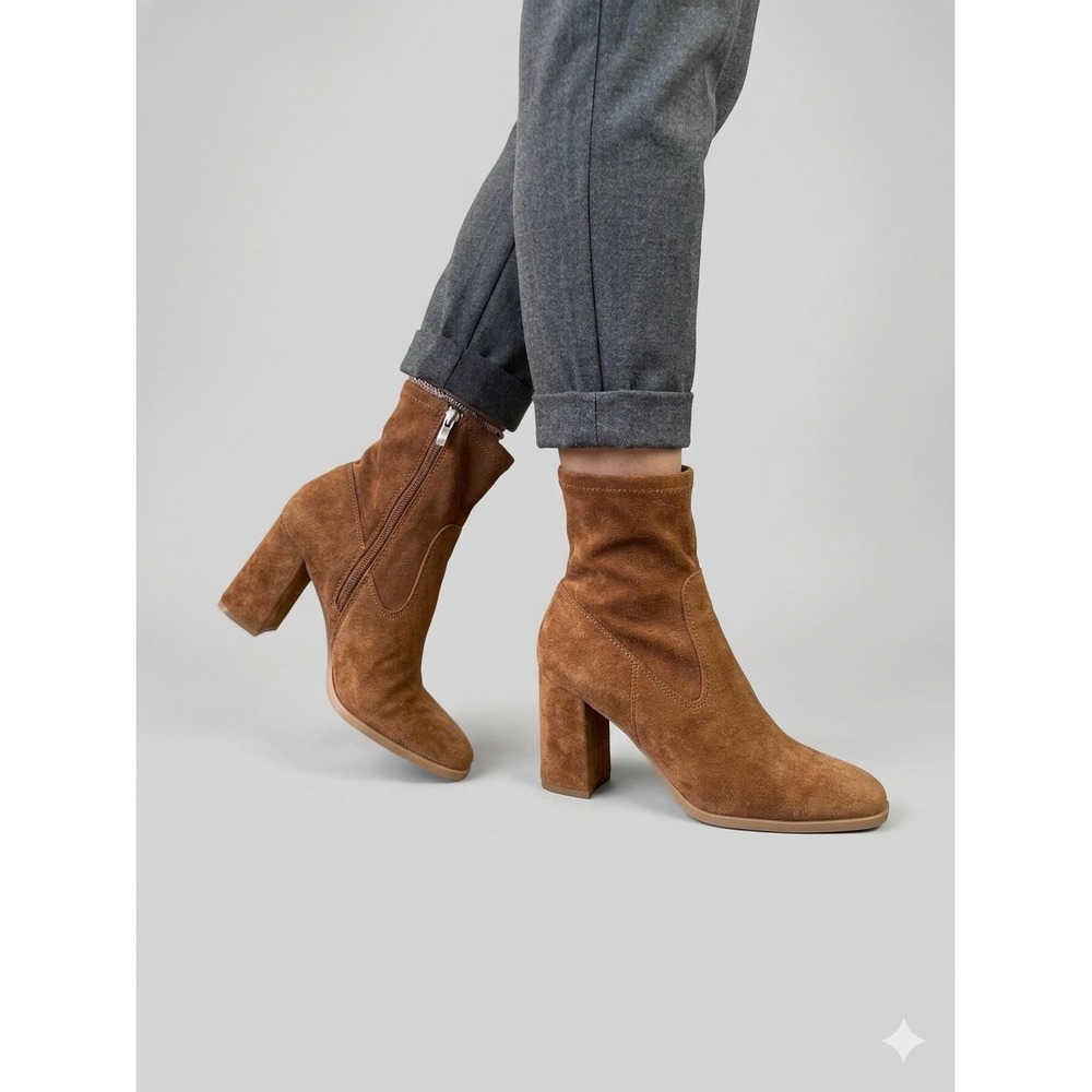 Dolce Vita Womens Brown Suede Square Toe Ankle Boots Snakeskin Block High Heel 7